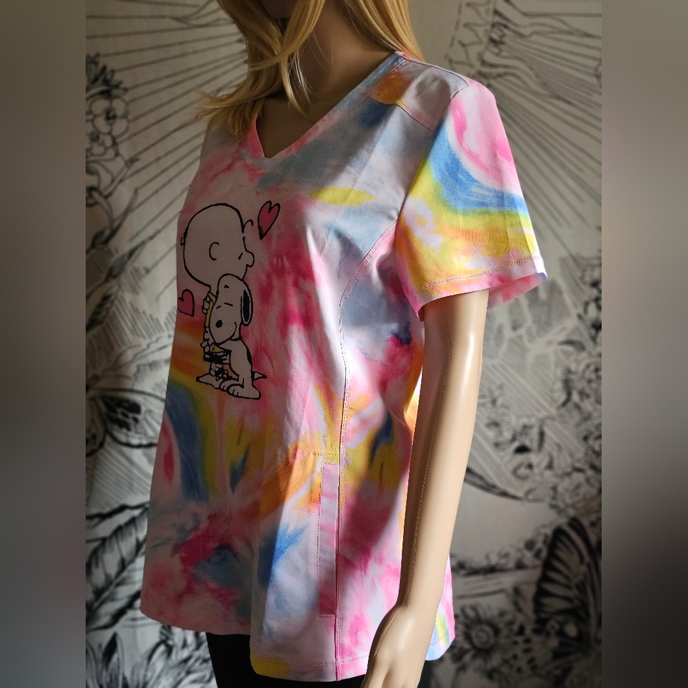 Tie-Dye Snoopy & Charlie Brown V-Neck Scrub Top - Pink Multi - Picture 5 of 10